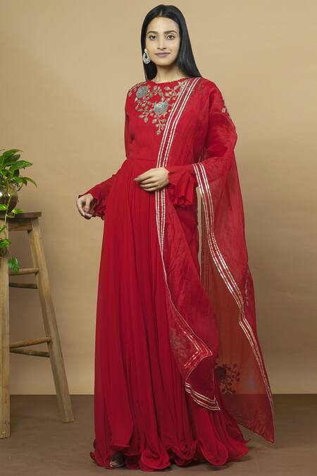 Aksh_Red Organza, Georgette Round Embroidered Anarkali With Dupatta_Online_at_Aza_Fashions
