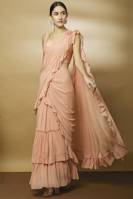 Varun Bahl Pink Chanderi Sweetheart Neck Pre-draped Ruffle Saree 