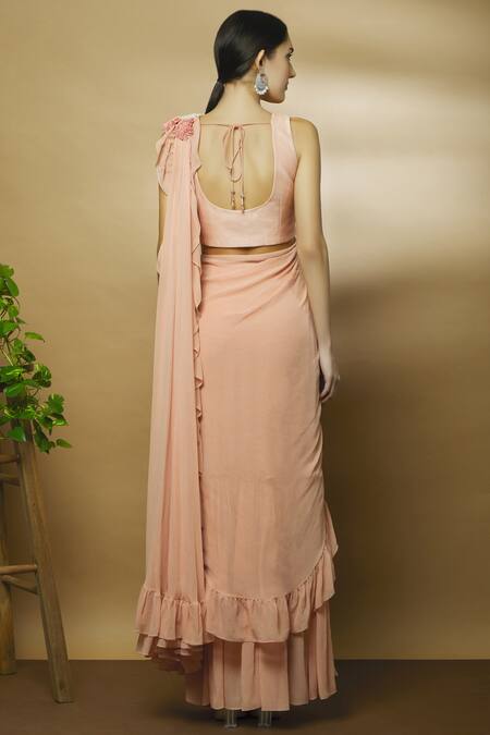 Shop_Varun Bahl_Pink Chanderi, Georgette, Viscose Sweetheart Neck Pre-draped Ruffle Saree_at_Aza_Fashions