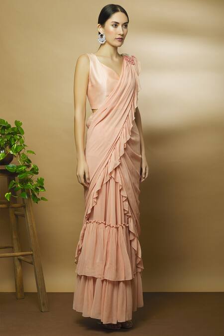 Varun Bahl_Pink Chanderi, Georgette, Viscose Sweetheart Neck Pre-draped Ruffle Saree_Online_at_Aza_Fashions