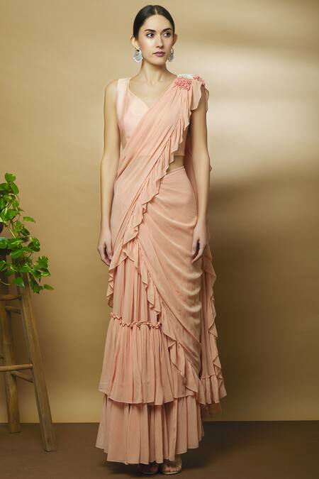 Buy_Varun Bahl_Pink Chanderi, Georgette, Viscose Sweetheart Neck Pre-draped Ruffle Saree_Online_at_Aza_Fashions