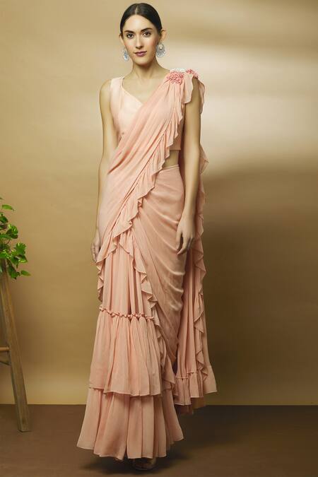 Shop_Varun Bahl_Pink Chanderi, Georgette, Viscose Sweetheart Neck Pre-draped Ruffle Saree_Online_at_Aza_Fashions