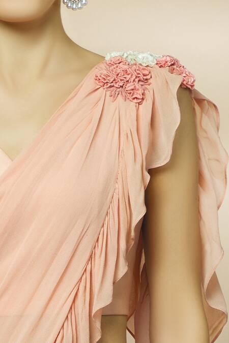 Varun Bahl_Pink Chanderi, Georgette, Viscose Sweetheart Neck Pre-draped Ruffle Saree_at_Aza_Fashions