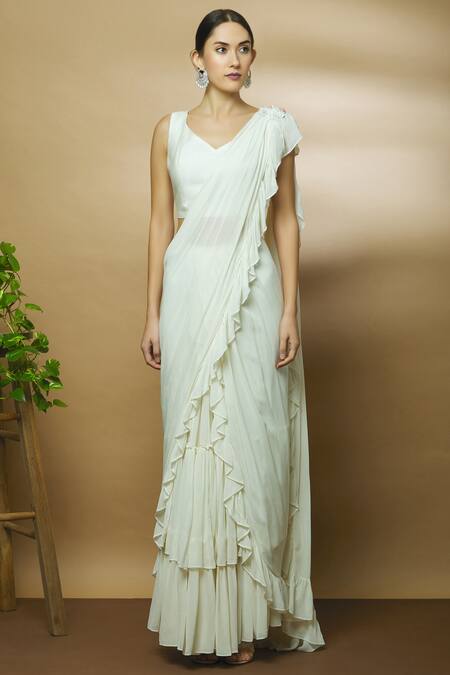 Buy_Varun Bahl_White Chanderi Sweetheart Neck Pre-draped Ruffle Saree_Online_at_Aza_Fashions