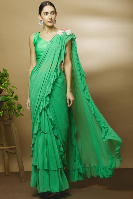 Varun Bahl Green Chanderi Sweetheart Neck Pre-draped Ruffle Saree