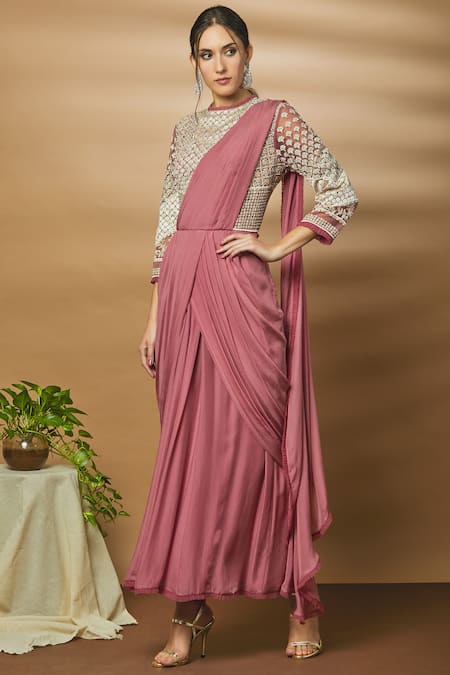 Varun Bahl Pink Net Pre-draped Saree Gown