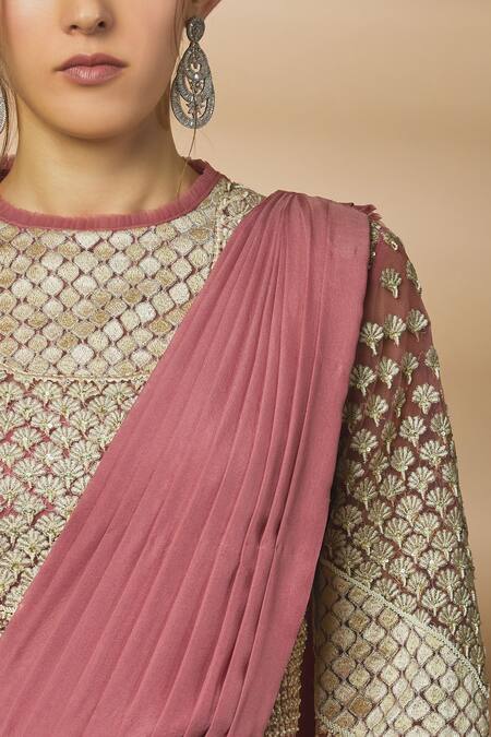 Varun Bahl_Pink Net Pre-draped Saree Gown_at_Aza_Fashions