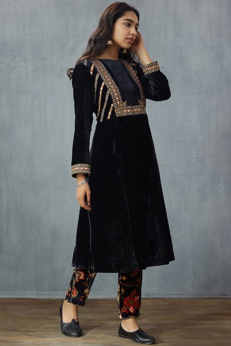 Torani Blue Silk Velvet Embroidered Kurta Set