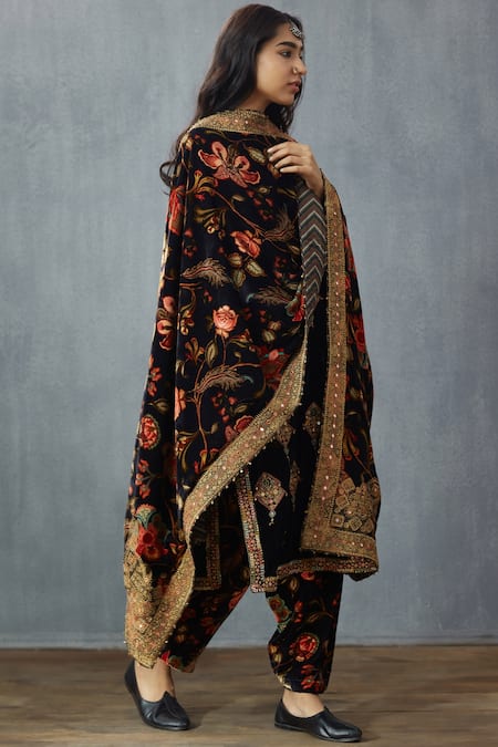 Torani Blue Silk Velvet Printed Floral Dupatta