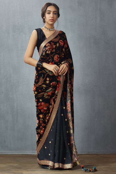 Torani Blue Silk Velvet Floral Print Saree