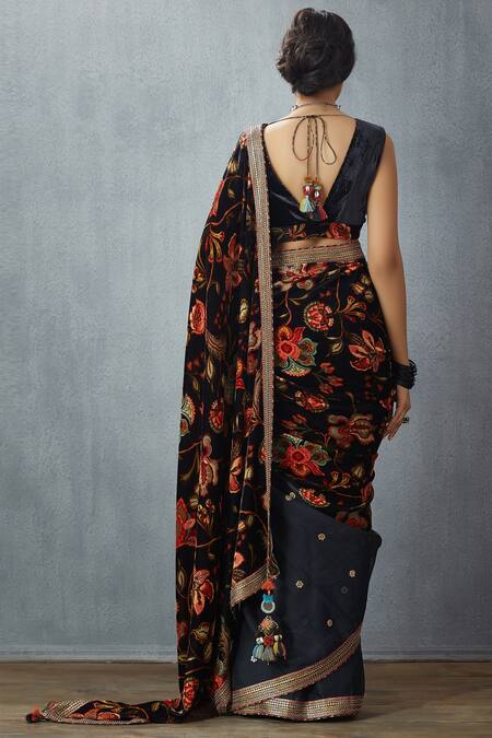 Shop_Torani_Blue Silk Velvet Floral Print Saree_at_Aza_Fashions