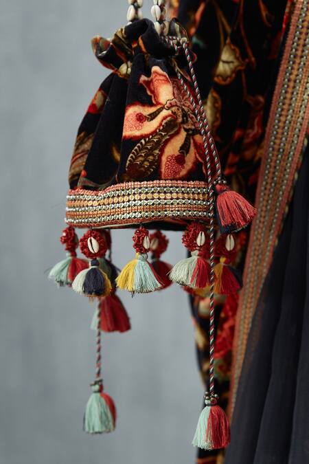 Shop Torani Blue Silk Velvet Potli Bag at Aza Fashions Shop_Torani_Blue Silk Velvet Potli Bag_at_Aza_Fashions