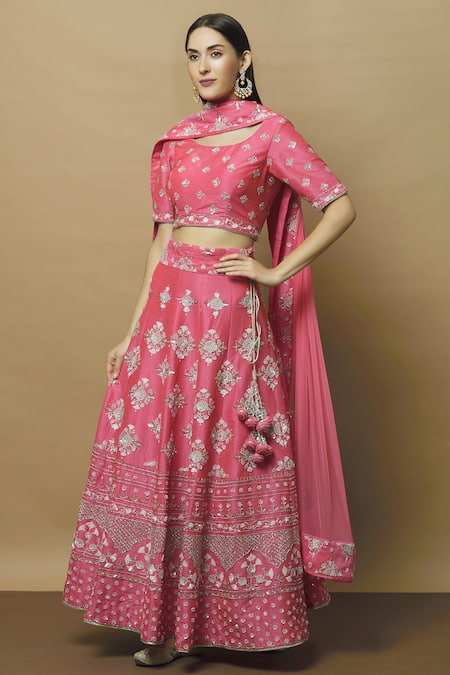 Buy Pink Dupion Raw Silk Leaf Neck Embroidered Bridal Lehenga Set For ...