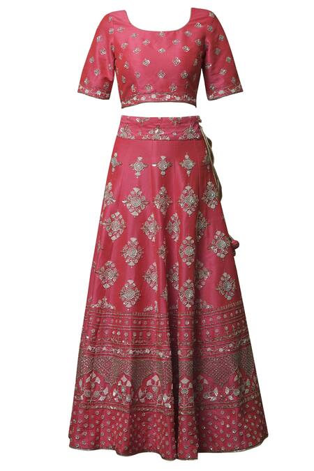 Buy_Vandana Sethi_Pink Dupion Raw Silk Leaf Neck Embroidered Bridal Lehenga Set _Online_at_Aza_Fashions