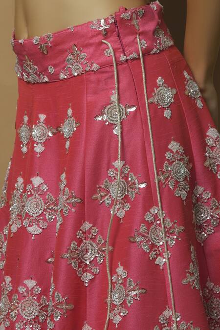 Shop_Vandana Sethi_Pink Dupion Raw Silk Leaf Neck Embroidered Bridal Lehenga Set _Online_at_Aza_Fashions