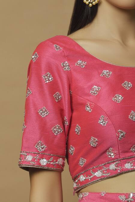 Vandana Sethi_Pink Dupion Raw Silk Leaf Neck Embroidered Bridal Lehenga Set _at_Aza_Fashions
