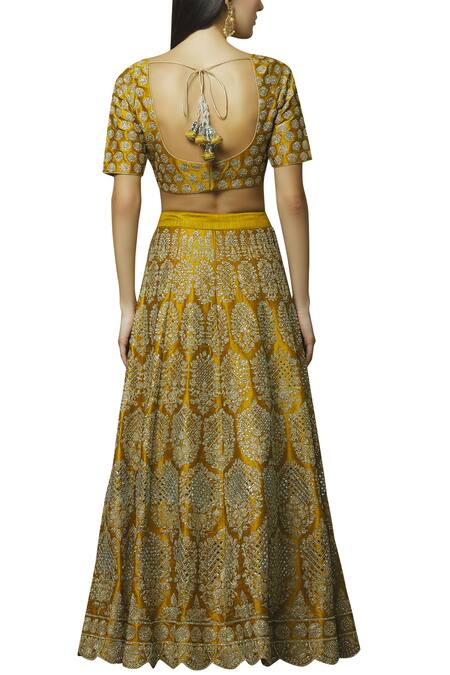 Shop_Vandana Sethi_Yellow Dupion Raw Silk U Neck Embroidered Bridal Lehenga Set _at_Aza_Fashions
