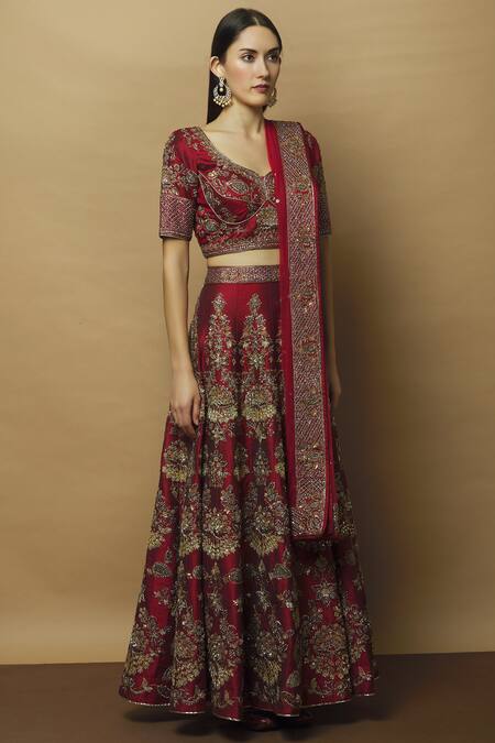 Vandana Sethi_Maroon Dupion Raw Silk Leaf Neck Embroidered Bridal Lehenga Set _Online_at_Aza_Fashions