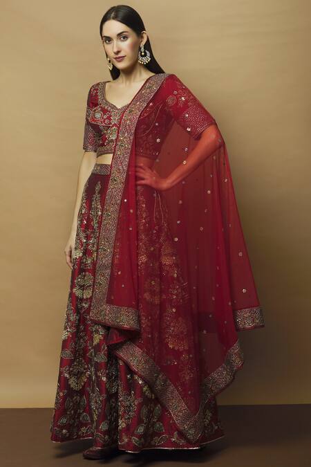Buy_Vandana Sethi_Maroon Dupion Raw Silk Leaf Neck Embroidered Bridal Lehenga Set _Online_at_Aza_Fashions