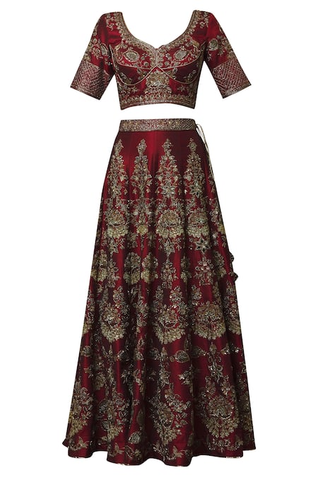 Shop_Vandana Sethi_Maroon Dupion Raw Silk Leaf Neck Embroidered Bridal Lehenga Set _Online_at_Aza_Fashions