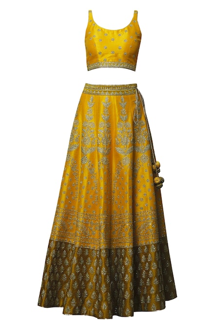 Buy_Vandana Sethi_Yellow Dupion Raw Silk U Neck Embroidered Bridal Lehenga Set_Online_at_Aza_Fashions