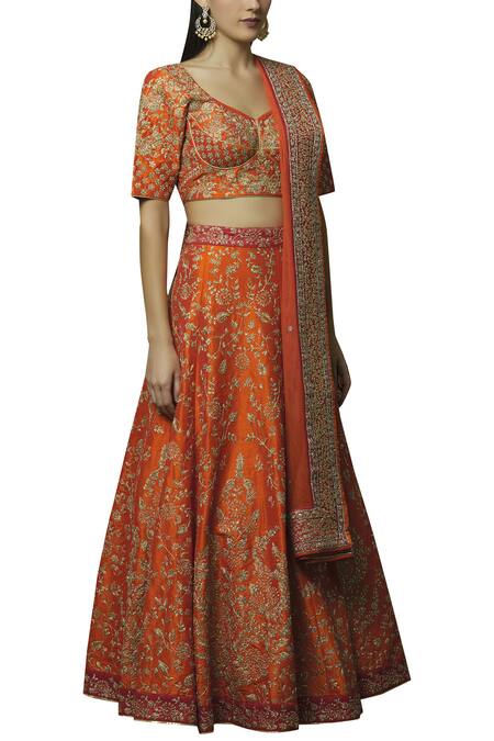 Vandana Sethi_Orange Dupion Raw Silk Leaf Neck Embroidered Bridal Lehenga Set_Online_at_Aza_Fashions