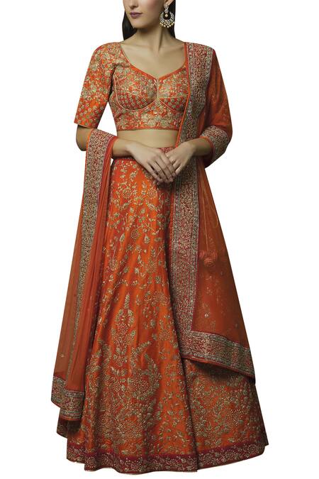 Buy_Vandana Sethi_Orange Dupion Raw Silk Leaf Neck Embroidered Bridal Lehenga Set_Online_at_Aza_Fashions