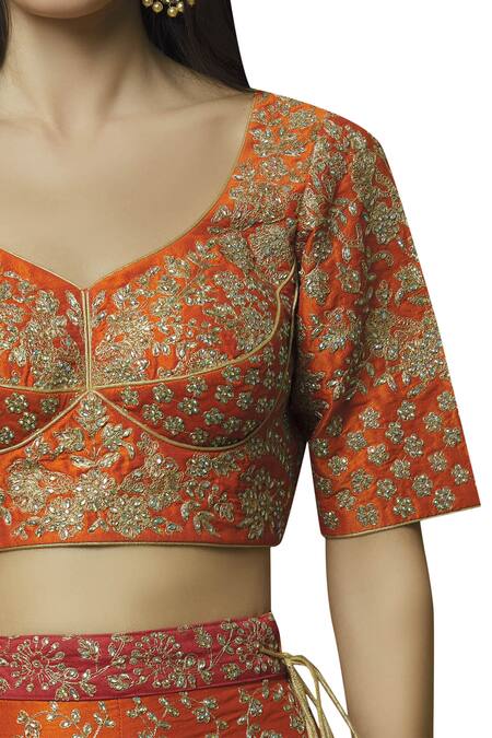Vandana Sethi_Orange Dupion Raw Silk Leaf Neck Embroidered Bridal Lehenga Set_at_Aza_Fashions