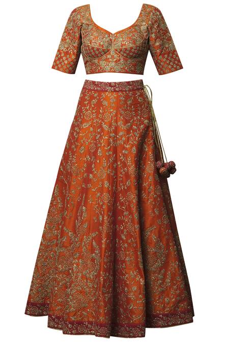 Shop_Vandana Sethi_Orange Dupion Raw Silk Leaf Neck Embroidered Bridal Lehenga Set_Online_at_Aza_Fashions