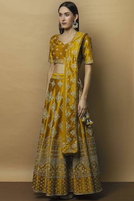 Vandana Sethi_Yellow Dupion Raw Silk Leaf Neck Embroidered Bridal Lehenga Set_Online_at_Aza_Fashions