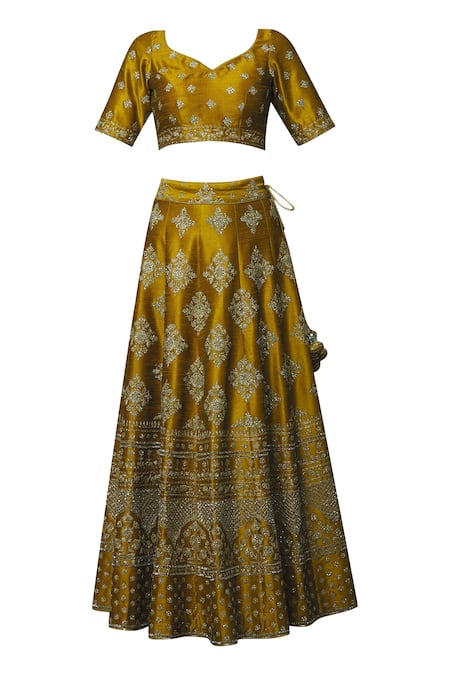 Shop_Vandana Sethi_Yellow Dupion Raw Silk Leaf Neck Embroidered Bridal Lehenga Set_Online_at_Aza_Fashions