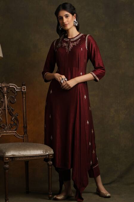 Anju Modi Maroon Cotton Embroidered Asymmetric Kurta Set