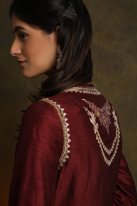 Buy_Anju Modi_Maroon Cotton Embroidered Asymmetric Kurta Set_Online_at_Aza_Fashions