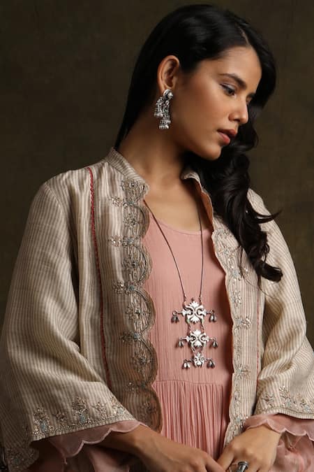 Anju Modi_Beige Silk Chanderi Jacket With Dress_Online_at_Aza_Fashions