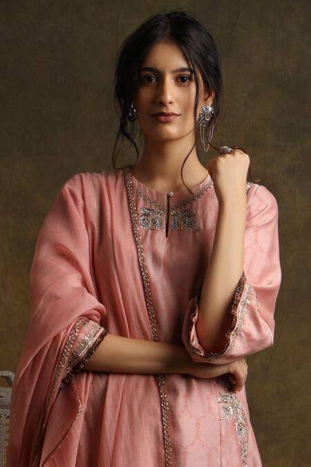 Anju Modi_Pink Silk Dupion Printed Kurta Set_Online_at_Aza_Fashions