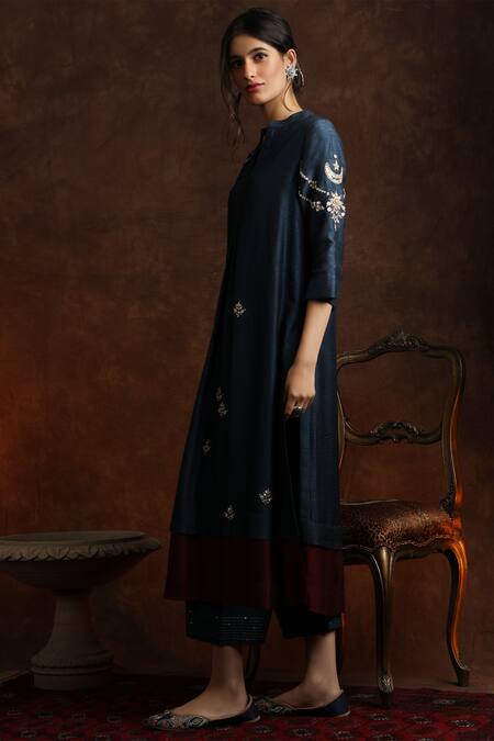 Anju Modi_Blue Silk Chanderi Kurta And Palazzo Set_Online_at_Aza_Fashions