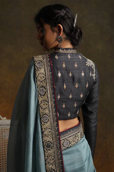 Anju Modi_Blue Chanderi Saree Set_Online_at_Aza_Fashions