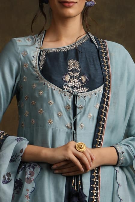 Anju Modi_Blue Silk Chanderi Kurta And Palazzo Set_Online_at_Aza_Fashions