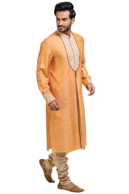 Poonam Kasera_Peach Moonga Silk Embroidered Kurta Set_Online_at_Aza_Fashions