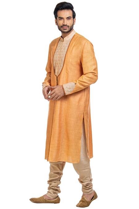 Buy_Poonam Kasera_Peach Moonga Silk Embroidered Kurta Set_Online_at_Aza_Fashions