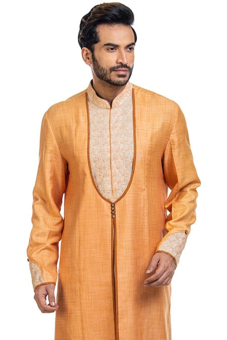 Shop_Poonam Kasera_Peach Moonga Silk Embroidered Kurta Set_Online_at_Aza_Fashions