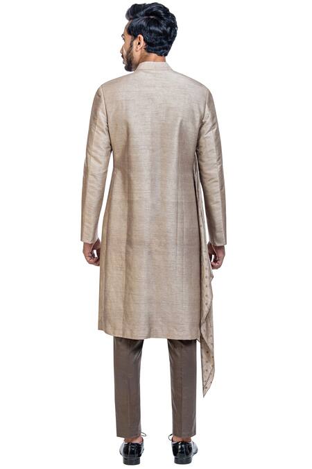 Shop Poonam Kasera Beige Silk Draped Achkan Set at Aza Fashions Shop_Poonam Kasera_Beige Silk Draped Achkan Set_at_Aza_Fashions