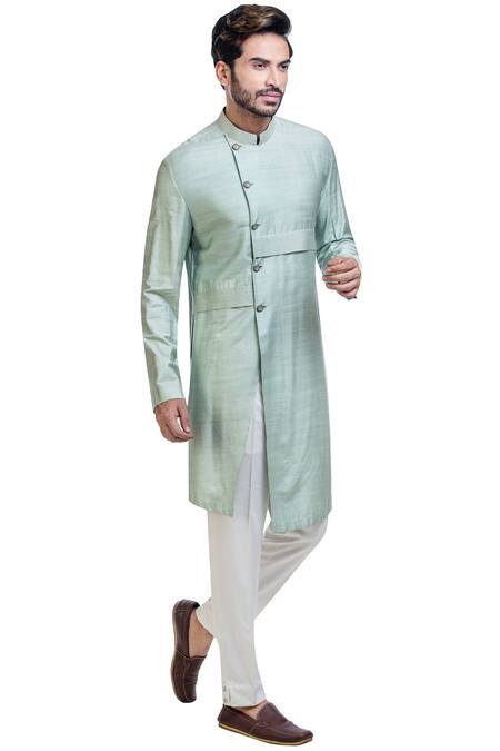 Poonam Kasera_Blue Moonga Silk Pleated Kurta_Online_at_Aza_Fashions