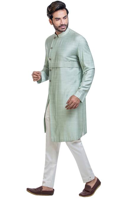 Buy_Poonam Kasera_Blue Moonga Silk Pleated Kurta_Online_at_Aza_Fashions