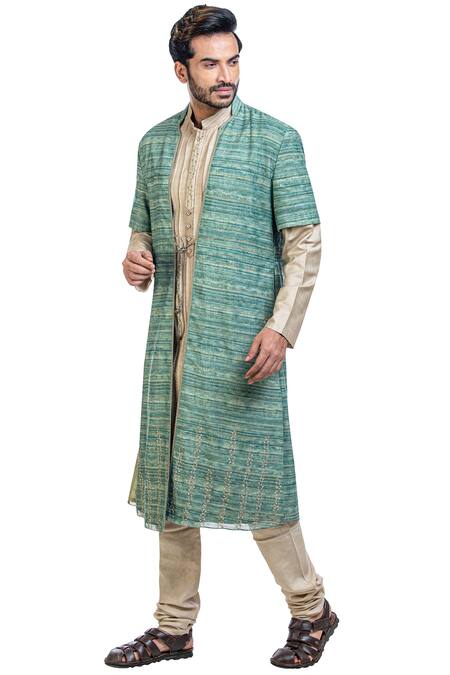 Buy_Poonam Kasera_Beige Moonga Dupian Embroidered Jacket Kurta Set_Online_at_Aza_Fashions