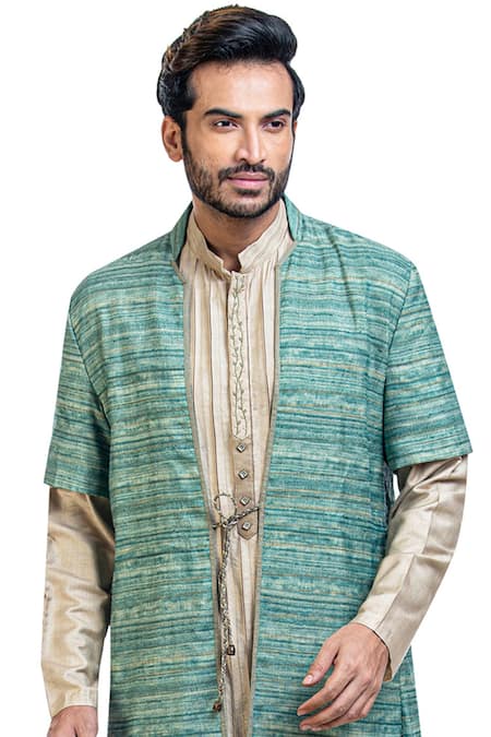 Poonam Kasera_Beige Moonga Dupian Embroidered Jacket Kurta Set_at_Aza_Fashions