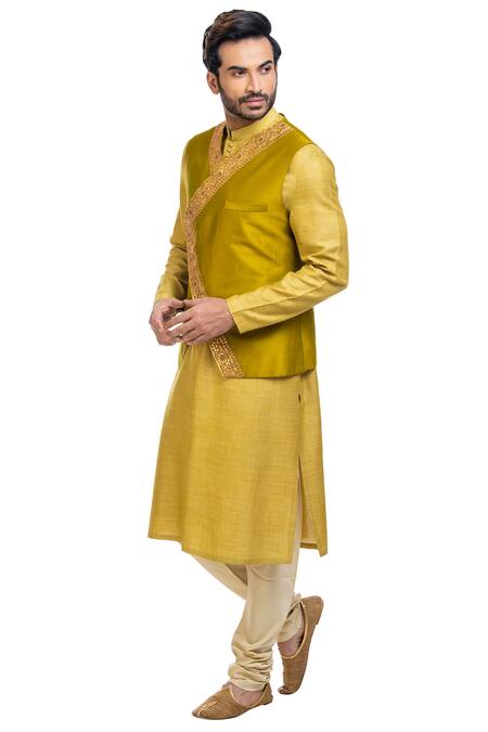 Shop_Poonam Kasera_Green Moonga Dupian Silk Embroidered Jacket Kurta Set_Online_at_Aza_Fashions