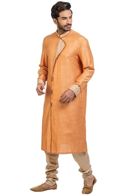 Buy_Poonam Kasera_Peach Moonga Dupian Silk Embroidered Kurta Set_Online_at_Aza_Fashions