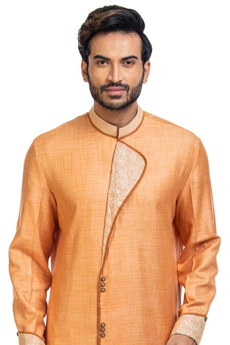 Shop_Poonam Kasera_Peach Moonga Dupian Silk Embroidered Kurta Set_Online_at_Aza_Fashions