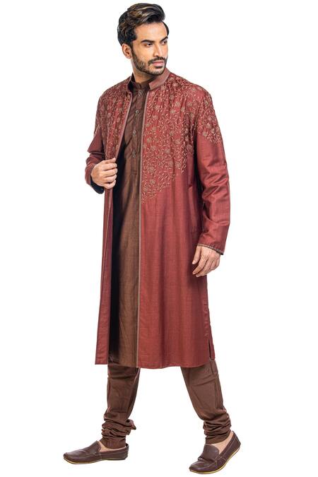 Shop_Poonam Kasera_Maroon Moonga Dupian Embroidered Jacket Kurta Set_Online_at_Aza_Fashions